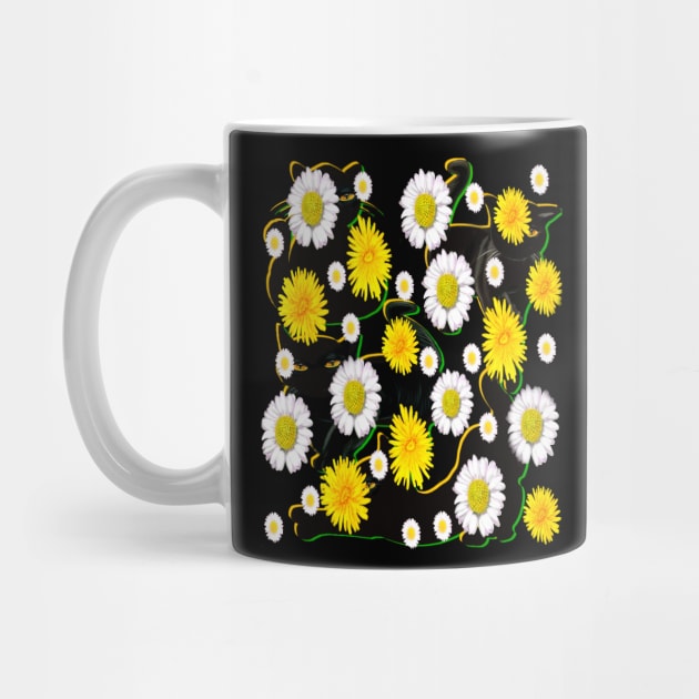 Black Cat green and yellow silhouette on top of wildflowers feelings pattern black cats  among dandelions And daisies floral bright flowers of spring and summer by Artonmytee